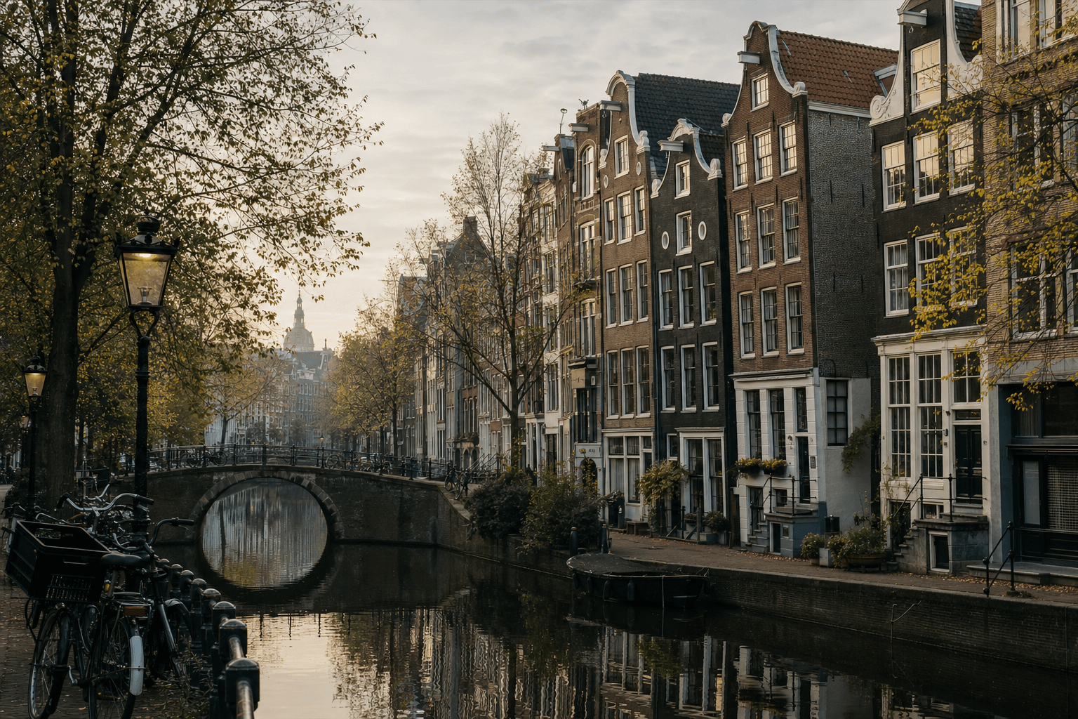 A quiet Amsterdam canal at dawn, leaning brick townhouses mirrored in still water