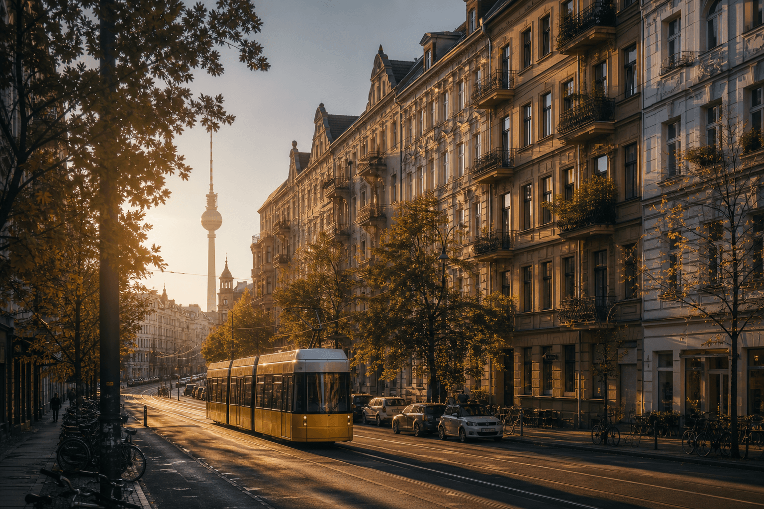 A yellow Berlin tram on a tree-lined boulevard in warm late-afternoon light