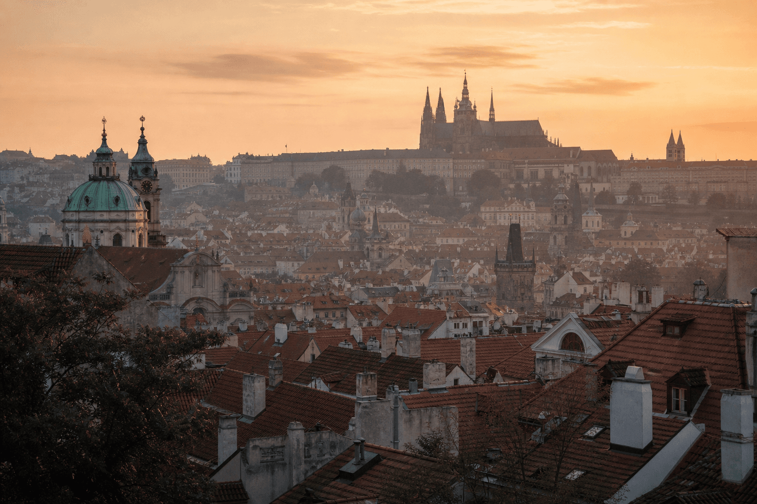 Prague rooftops at dusk