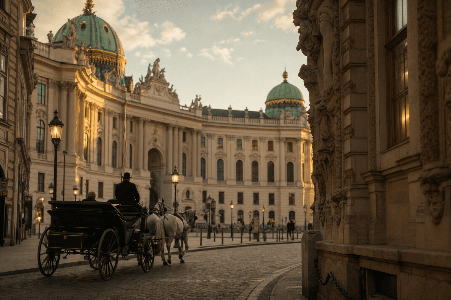 A horse-drawn carriage on a Vienna cobblestone street beside baroque facades