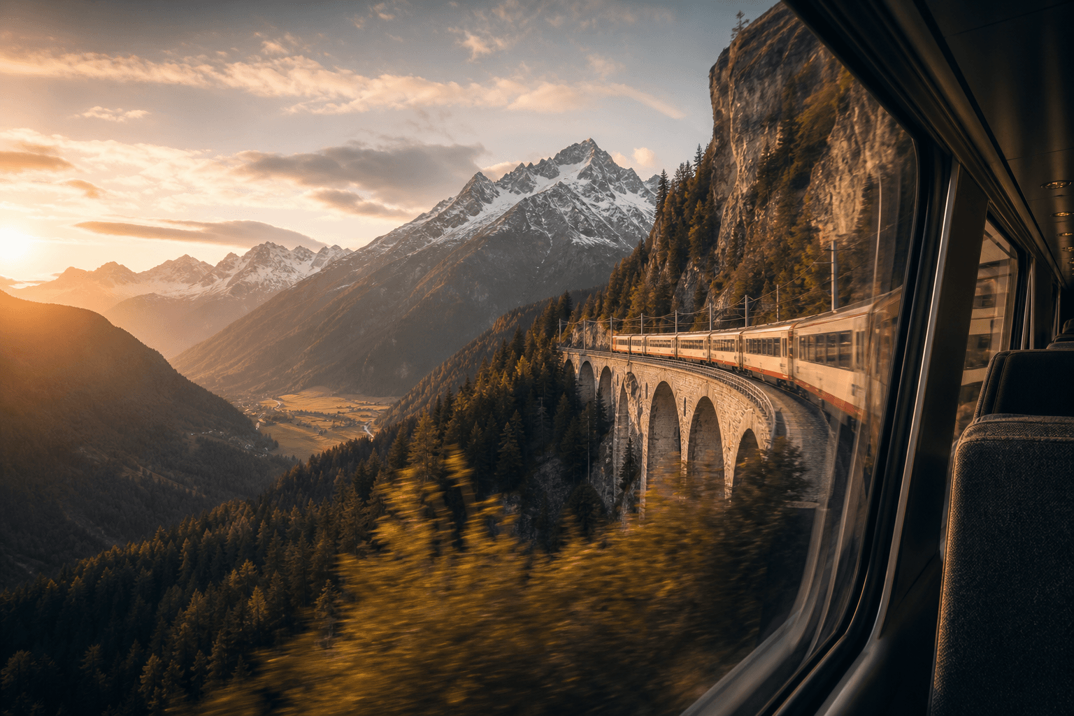 View from a train window curving along an alpine viaduct above a pine valley at golden hour